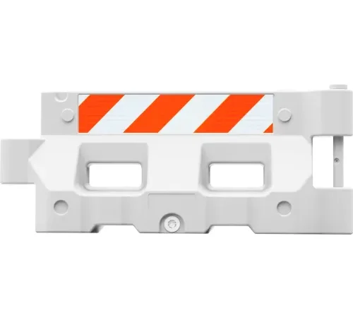 White plastic traffic barricade with orange stripes