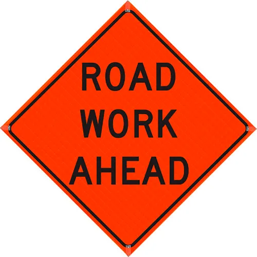 Plasticade Oralite 36" X 36" Super Bright Vivid Orange Roll-Up Sign, Road Work Ahead