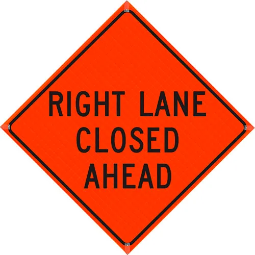 Plasticade Oralite 48" X 48" Super Bright Vivid Orange Roll-Up Sign, Right Lane Closed Ahead