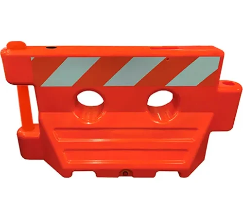 Orange plastic traffic barrier with reflective stripes