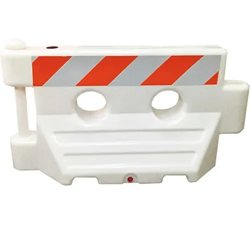 White plastic traffic barrier with red stripes