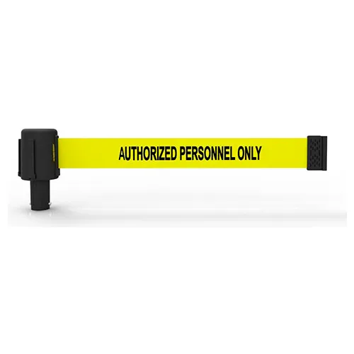 Yellow retractable barrier belt reading authorized personnel only