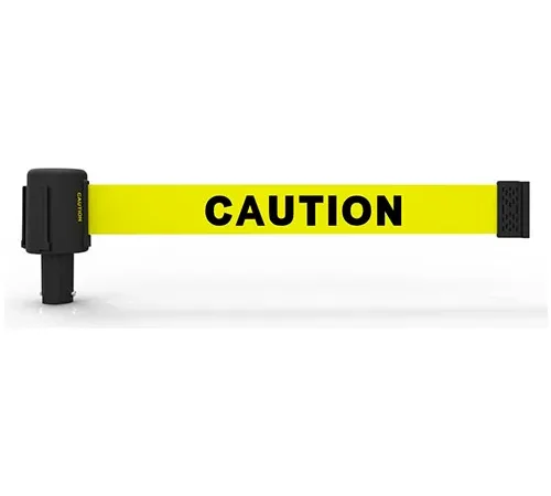 Yellow retractable caution belt barrier