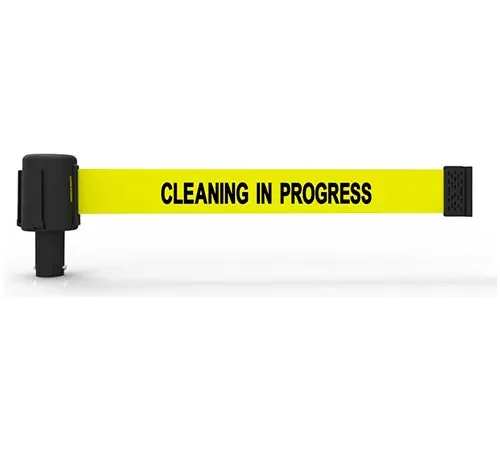 Yellow retractable barrier reading "Cleaning in Progress