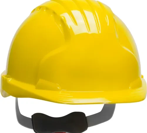 Yellow construction hard hat with adjustable headband