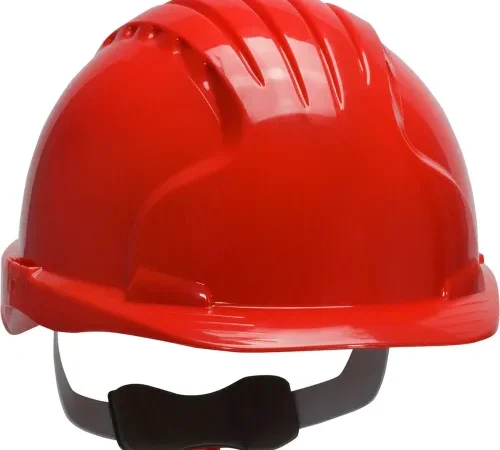 Red construction hard hat with adjustable strap