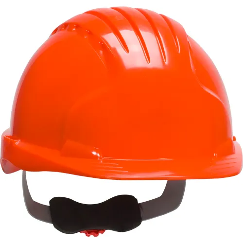Orange construction hard hat with chin strap