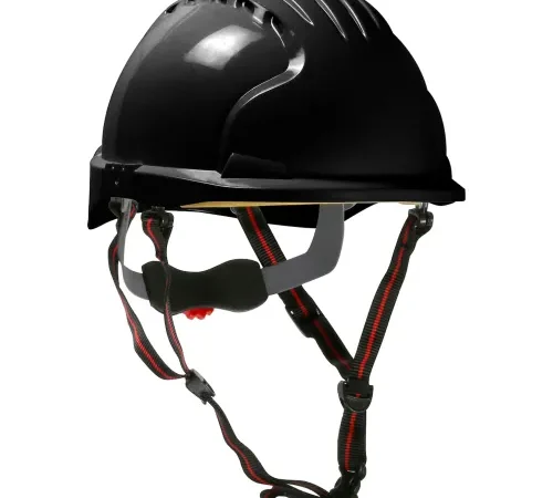 Black safety helmet with adjustable chin straps
