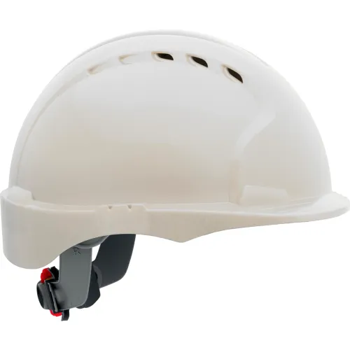 White safety hard hat with chin strap
