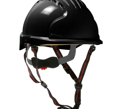 Black safety helmet with adjustable chin straps