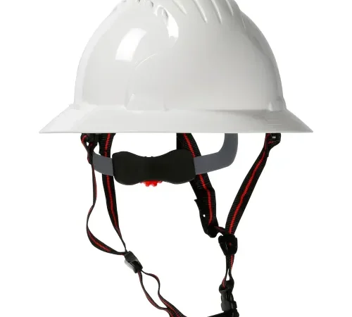 White construction hard hat with chin strap