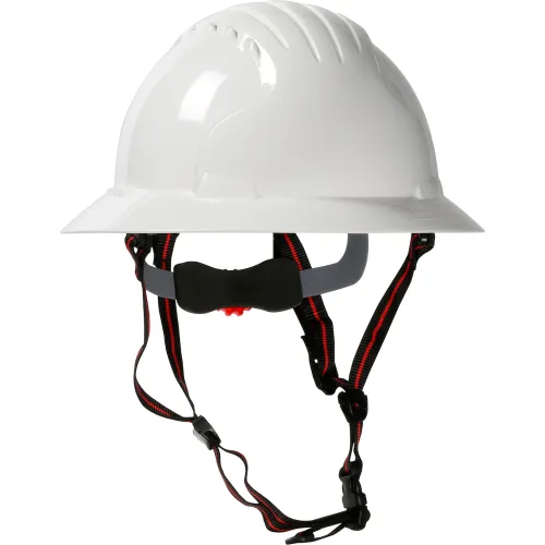 White construction hard hat with chin strap