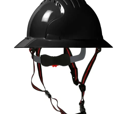 Black safety hard hat with chin straps