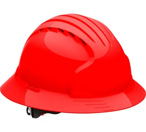 Red construction hard hat on white background