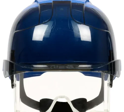 Blue hockey helmet with clear visor and goggles