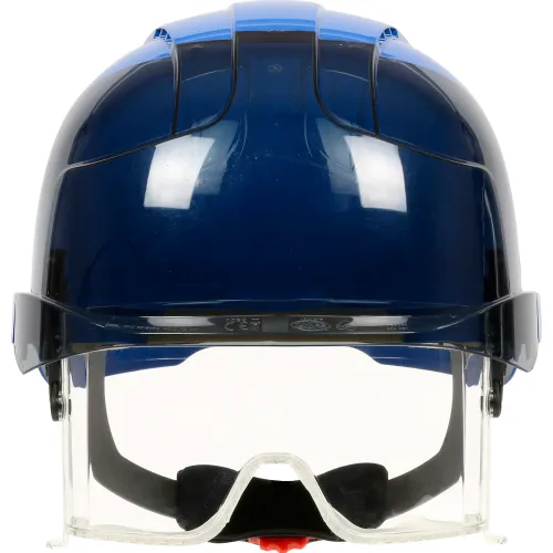Blue hockey helmet with clear visor and goggles