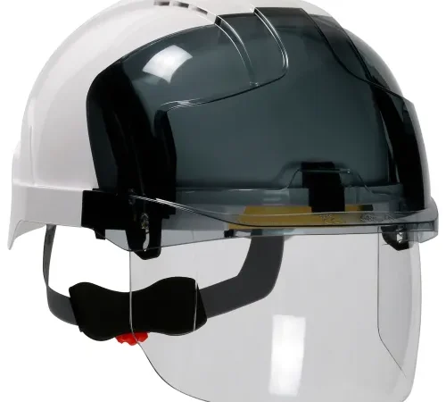White hard hat with dark visor and shield