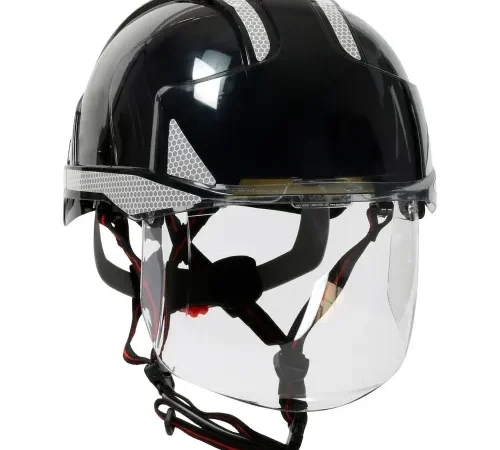 Black safety helmet with clear face shield