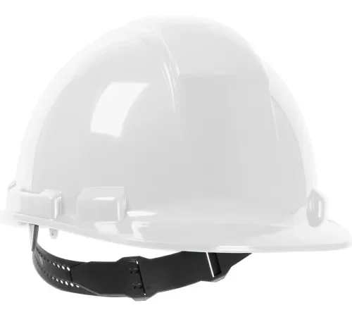 White construction hard hat with black strap