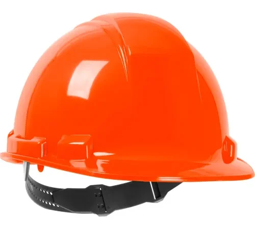 Orange construction safety hard hat with strap