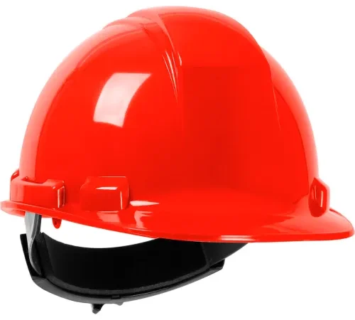 Red construction hard hat on white background