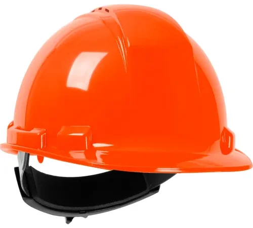 Bright orange safety hard hat on white background