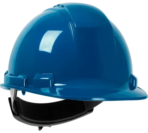 Blue construction hard hat on white background