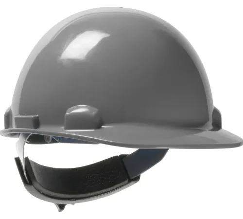 Gray construction hard hat with chin strap