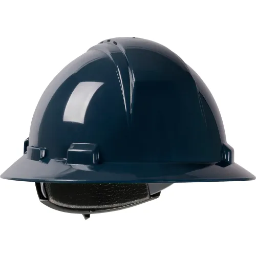 Dark blue full-brim construction hard hat