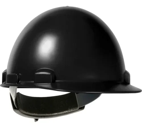 Black safety hard hat with chin strap