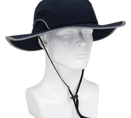 Navy wide-brim sun hat with chin strap