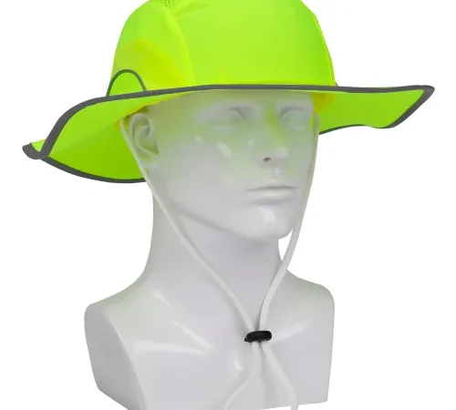Neon yellow wide-brim sun hat with chinstrap