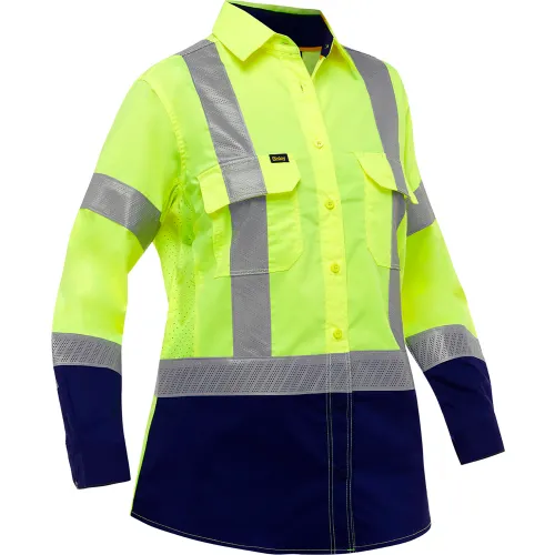 Pip Global Bisley Airflow" Women's Long Sleeve Shirt, Class 2, 3XL, Hi-Vis Yellow/Navy