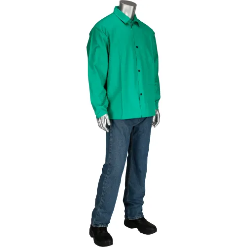 Mannequin wearing green button-up shirt and jeans