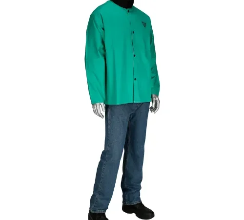 Mannequin wearing green jacket, jeans, black shoes