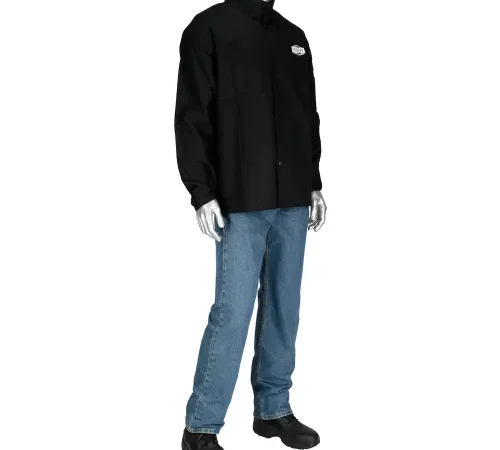 Mannequin wearing black jacket and blue jeans
