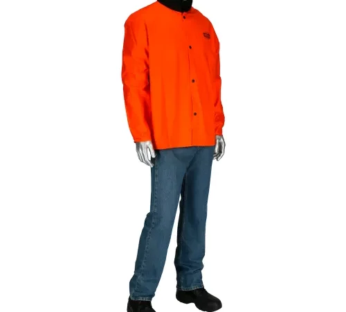 Mannequin wearing orange jacket and jeans