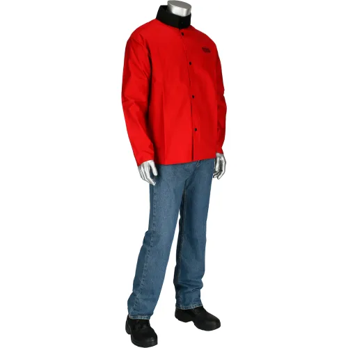 Mannequin wearing red jacket, jeans, black shoes
