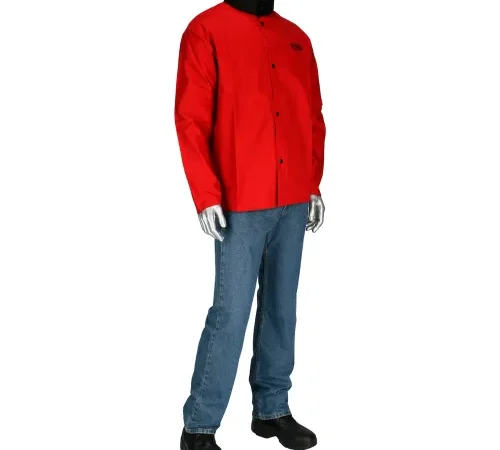 Mannequin wearing red jacket, blue jeans, shoes
