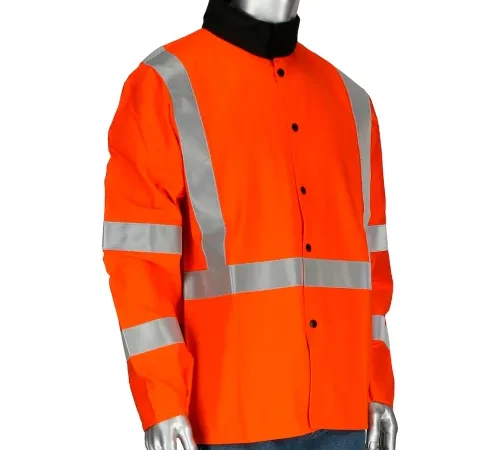 Orange high-visibility safety jacket with reflective stripes