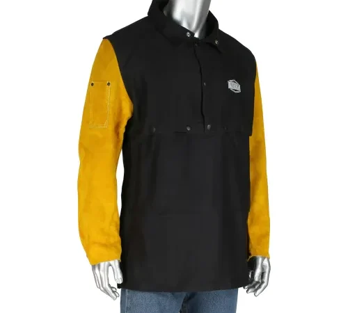 Black welding jacket with yellow leather sleeves