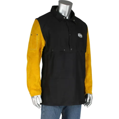 Black pullover jacket with yellow suede sleeves