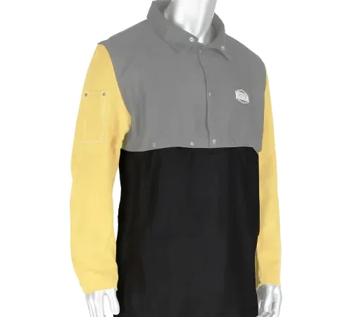 Color-block jacket with yellow sleeves on mannequin