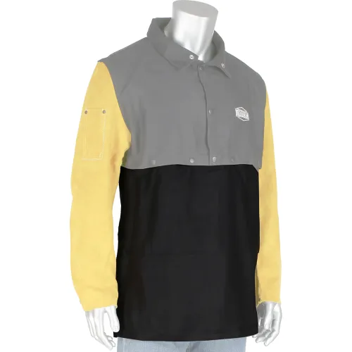 Grey and black jacket with yellow sleeves