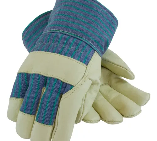 Pair of leather work gloves with striped cuffs