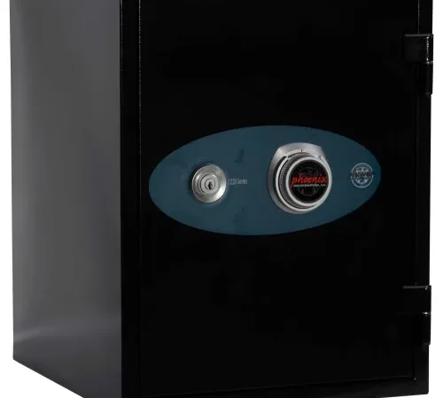 Black safe with combination dial and keyhole