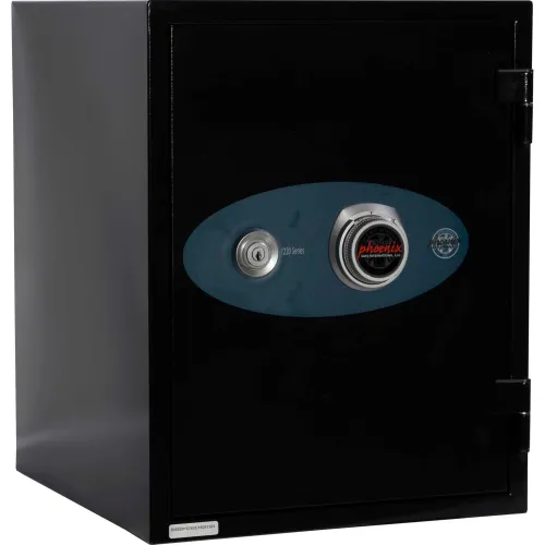 Black safe with combination dial and keyhole