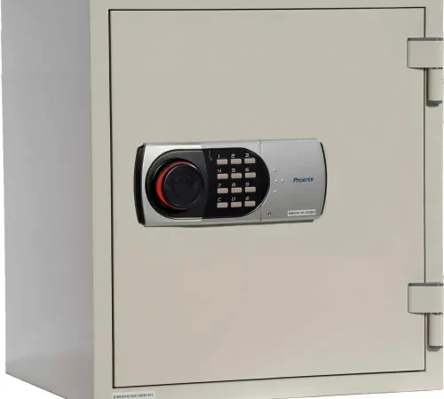 Beige electronic safe with keypad and dial