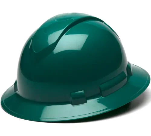 Green construction hard hat on white background