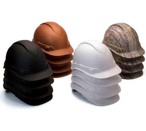 Stacks of construction hard hats in various colors